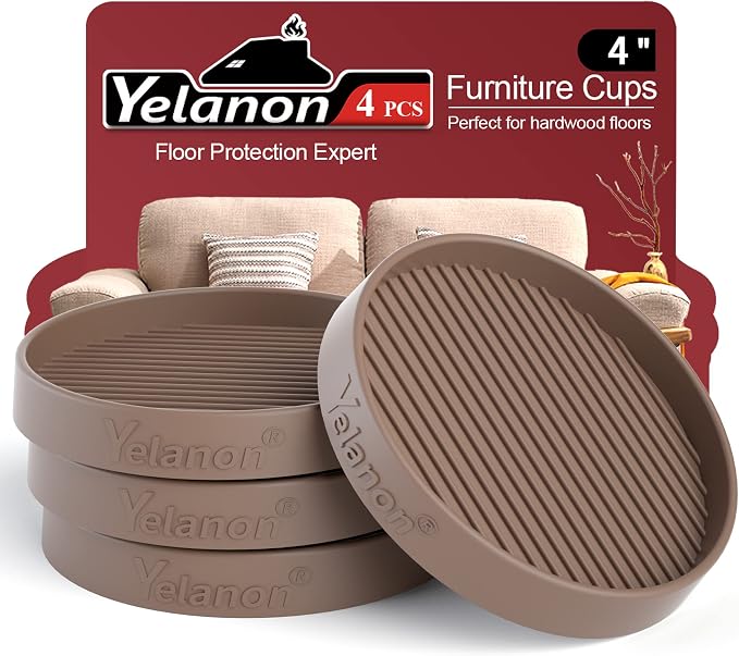 Furniture Coasters - 4 Pcs 4”Round Furniture Caster Cups - Non Slip Pads Hardwoods Floors Non Skid Furniture Grippers Rubber Furniture Feet - Anti Slide Floor Protector for Bed Couch Stoppers Brown by Yelanon