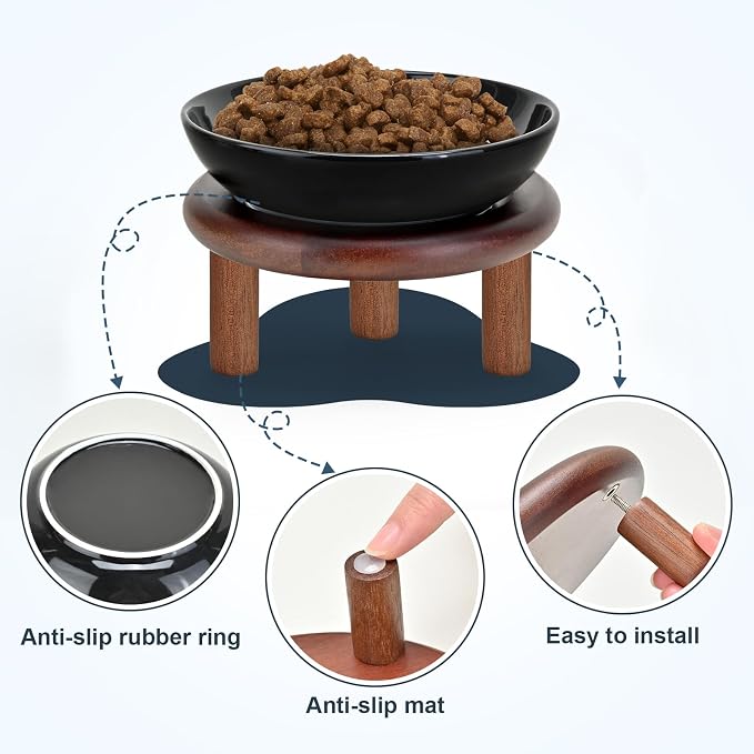 SPUNKYJUNKY Extra Wide Elevated Ceramic Cat Bowl with Acacia Wood Stand Whisker Friendly (Cat Paw Pattern, 2 Pack, Black) - Image 5