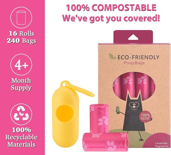 WDFAACK Biodegradable Dog Poo Bags with Holder-240 Large Poop Bags, Corn Starch Blended Compostable Bag, Extra Thick Strong Leak Proof Waste Bag for Dogs (Pink) - Image 2