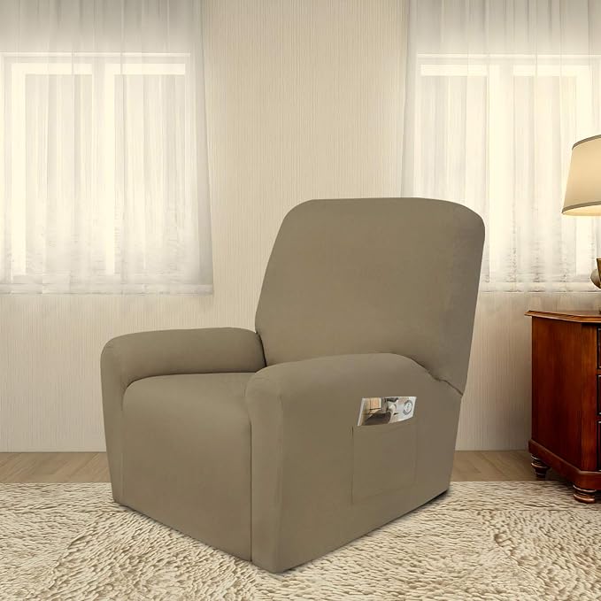 PureFit Stretc Recliner Chair Covers Fleece Soft Couch Covers for Sofa | Tan 4-Pieces Recliner Slipcover Pocket Couch Protector, Fleece Sofa Cover Washable with Non Slip Elastic Bottom - Image 2