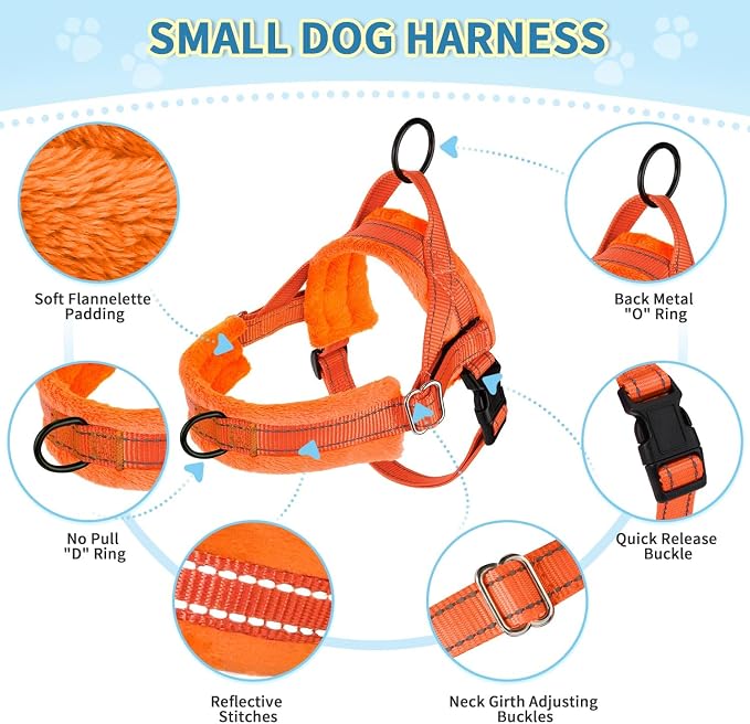 Lukovee Small Dog Harness and Leash Set, No Pull Soft Padded Vest | Both Neck & Chest Adjustable, Reflective, Puppy Harness with 4ft Lightweight Anti-Twist Dog Leash for Small Dogs (Orange, S) - Image 2