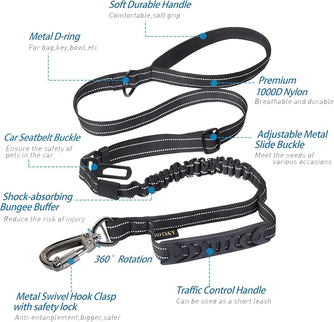 Hotsky Tactical Bungee No Pull Strong Dog Leash,Reflective Black,4-6FT | Heavy Duty for Medium Large Dogs That Pull up to 660 lb,with Padded Double Handle ＆ Car Seatbelt,360°Rotating Locking Clasp - Image 2