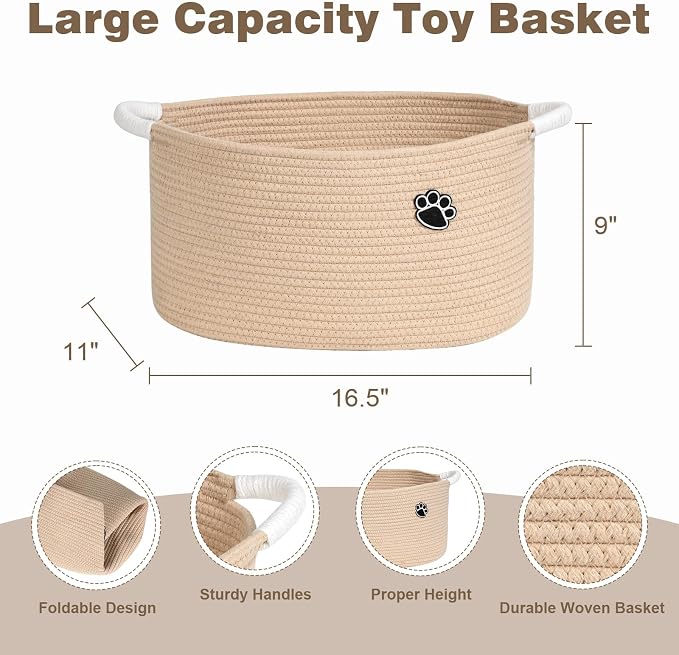 Optish 25L Medium Dog Toy Basket, Woven Rope Storage Baskets, Camel | 16.5" x 11" x 9" Toy Storage Box and Bin with Handles for Living Room, Bedroom Organization, Durable, Foldable, Home Decor - Image 3
