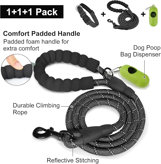 Dynmeow Reflective Dog Collar and Leash Set for Puppy Small Dogs, Black | Soft Neoprene Padded, 6FT Climbing Rope, Ideal for Daily Outdoor Walking or Indoor Wearing, Night Visible for Safety - Image 3