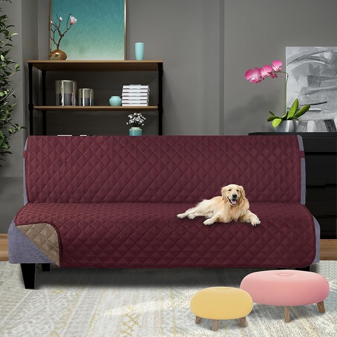 U-NICE HOME Futon Sofa Covers 68''Armless Couch Cover, Burgundy/Tan | Washable, Pet Friendly, Elastic Straps, Water Repellent, Furniture Protector Mat - Image 2