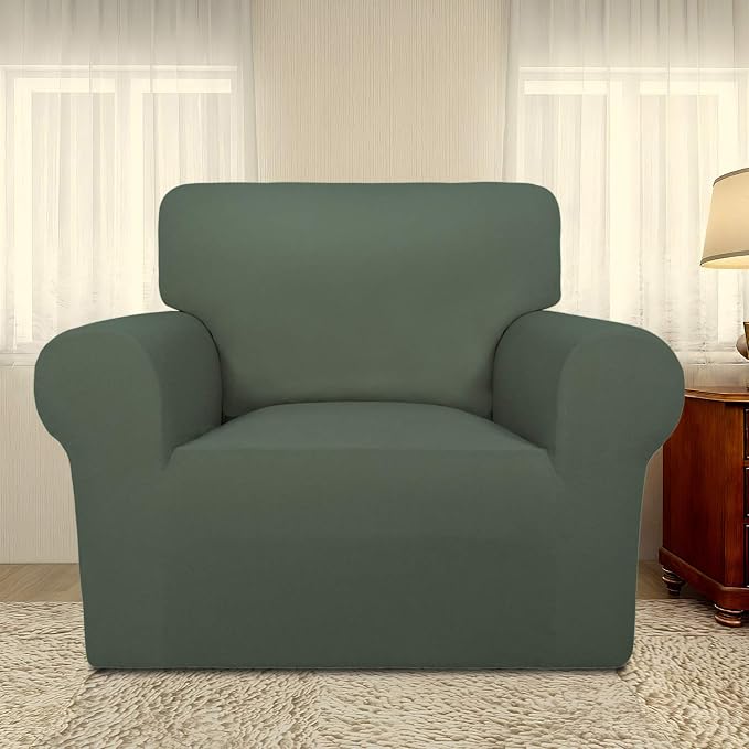 PureFit Stretch Chair Covers Fleece Couch Covers for Sofa Grayish Green | 1-Piece Spandex Couch Cover Soft Couch Protector, Sofa Cover Washable with Non Skid Foam and Elastic Bottom for Kids, Dogs - Image 2