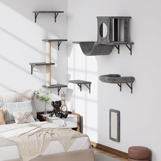 12-in-1 Cat Wall Shelves, Luxury Wall-Mounted Cat Climber Set | with Condos House, Scratching Post, Bridge Ladder, Indoor Space-Saving Furniture for Kittens, Dark Gray - Image 7