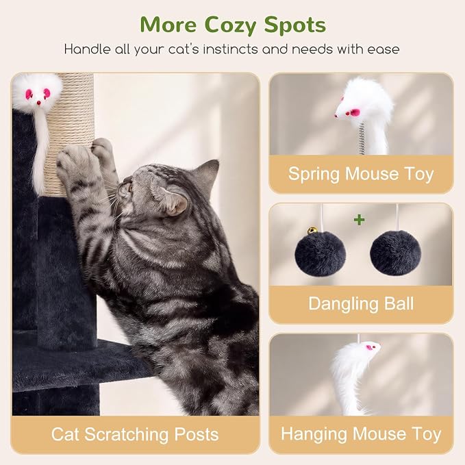 Globlazer Cat Tree Tower for Indoor Cats, 50-inch Adult Cat Tree House for Large Adult Cats with Steps, Scratching Post, 2 Cat Caves, Dangling Toys, FC50, Dark Grey - Image 6
