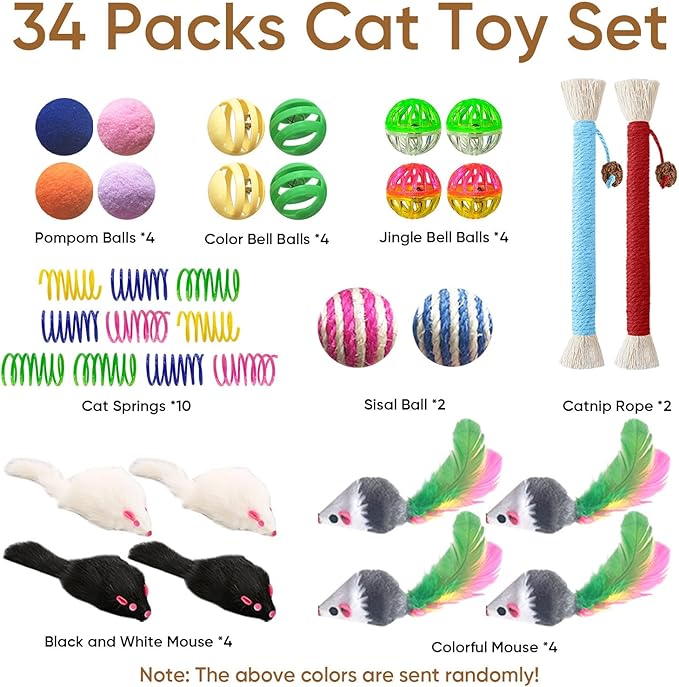 Cat Toys for Indoor Cats, 34 Pack Interactive Cat Toy Set for Kitten | Kitten Toys Variety Pack with Chew Toy, Spring, Mouse & Ball, Ideal for Enrichment, Boredom Relief and Self Play, Toy Bulk - Image 2