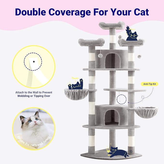 Allewie 73in Fan-Shaped Space-Saving Corner Cat Tower/Multi-Level Tall Cat Tree for Indoor Kitties/Cozy Baskets/Condos/House/Perches/Sisal Scratching Posts/Pet Activity Center/Grey - Image 3