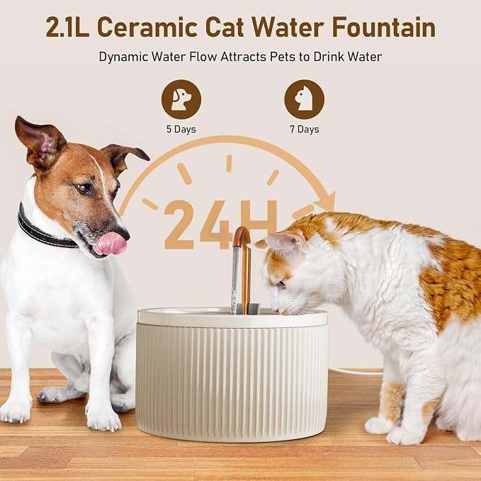 DOOOB Ceramic Cat Water Fountain 2.1L/71oz Ceramic Cat Fountains | Automatic Pet Water Fountain for Cats Pet Water Fountain with Ultra-Quiet Pump and 3 Filters & 3 Sponges (Beige) - Image 5