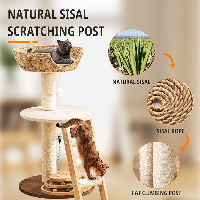 Modern Cat Tree for Indoor Cats, 30 in Cat Tower with Basket Bed | Interactive Play Base, 8cm Thick Sisal Scratching Posts, Climbing Ladder, Teaser Toy, Replaceable Cooling & Plush Mats - Image 5