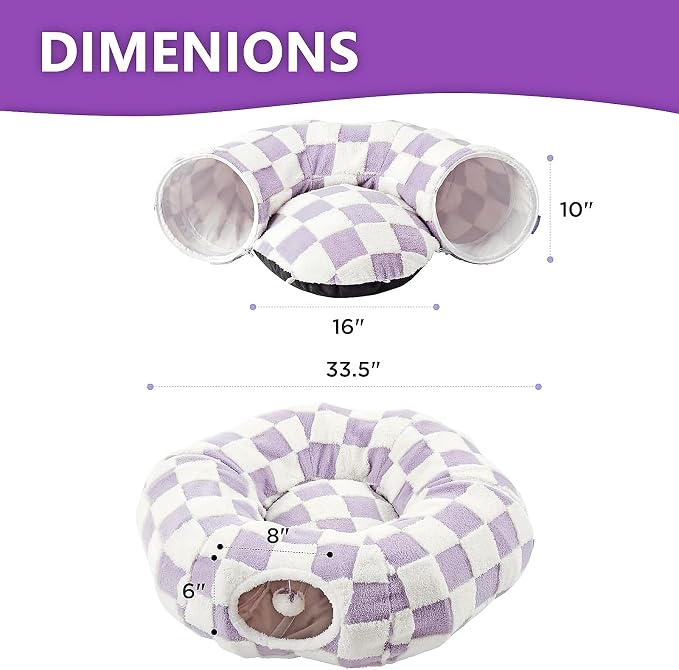 Cat Tunnel Bed with Washable Cushion for Indoor Cat, Donut Cave Tube Toys for Kitten Puppy Rabbit, Purple - Image 3