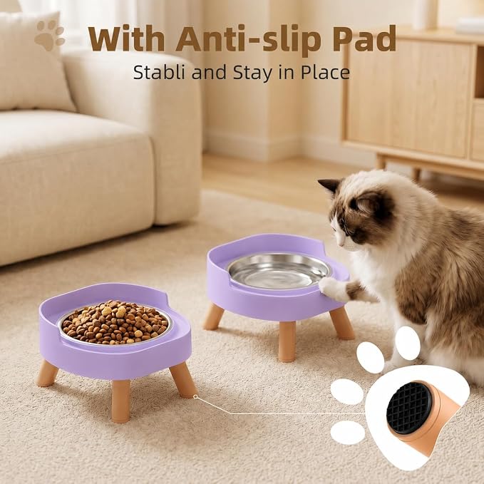 Elevated Cat Bowls, 2P Raised Cat Food and Water Bowl Set for Indoor Cats, Splash Proof with 2 Stainless Steel Pet Food Bowls for Cats ＆ Puppies, Whisker Friendly and Dishwasher Safe - Purple - Image 4