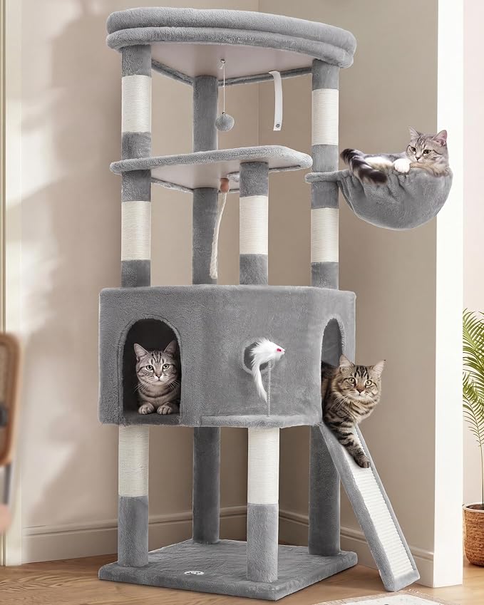 Cat Tree, 61 Inch Tall Cat Tower, Diamond-Shaped Cat Cave VCT001W | Cat Condo with Wide Top Perch & Basket, Sturdy Scratching Post, Interactive Toy for Large Indoor Cats, Light Gray by VibrissiaHome