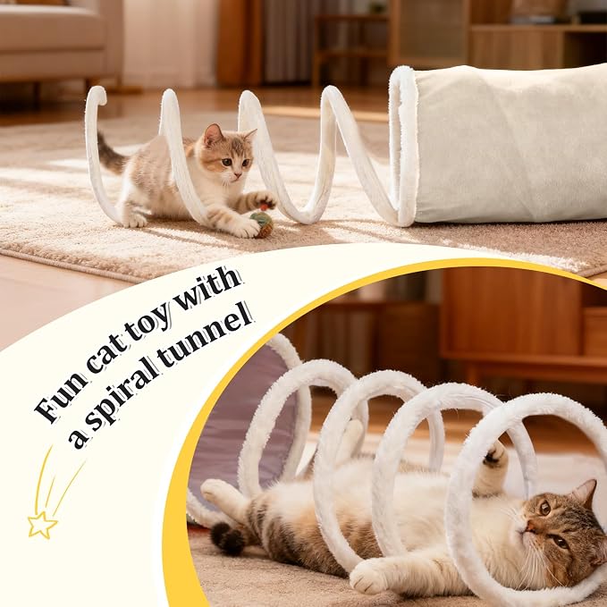 Ownpets 2-in-1 Cat Tunnel Large Lollipop Collapsible Cave Plush,12"D, Beige | Foldable Tunnel Bed, Fluffy Ball, Multi-Exit Maze, For Cats Kittens Puppies Rabbits, Soft Plush, Easy Store, Cozy Hiding Spot - Image 5