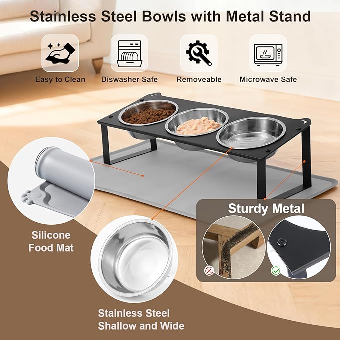 Elevated Cat Bowls with Food Mat, 10°Tilted Non-Slip Raised Cat Food Water Bowls Set, 3 Thick Stainless Steel Pets Dishes with Cute Metal Feeding Stand for Indoor Kitten Puppy, Anti-Vomiting - Image 4