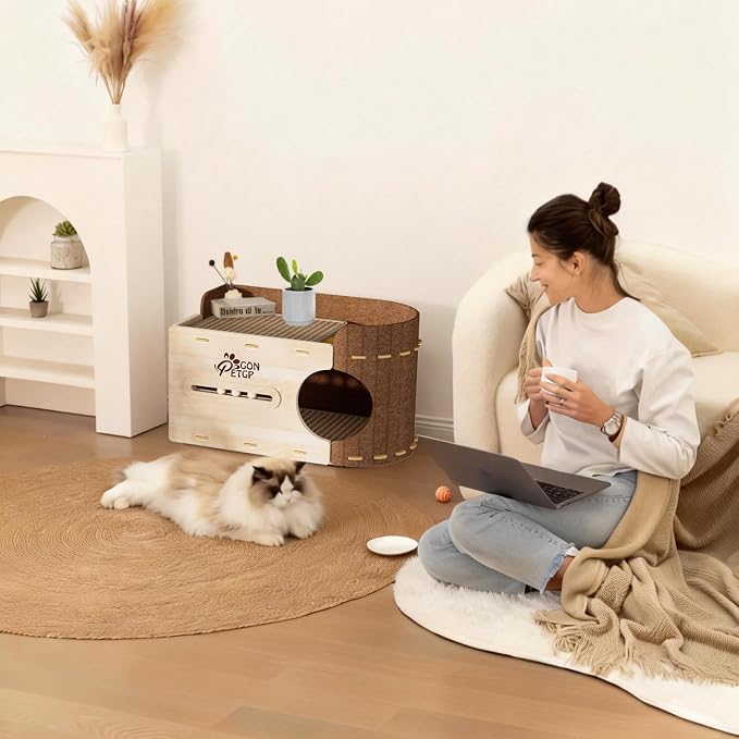 GONPETGP Large Cat Beds for Indoor Cats, Extra Wide Cat House Cave with Scratch Pad Wooden Play Ball, Foldable Felt Kittens Hideaway Condo for Multiple Small Pets - Image 8