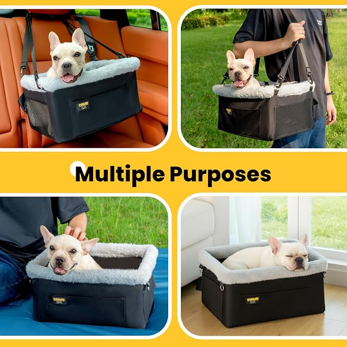 Conlun Dog Car Seat Booster | Steel Frame Anti-Collapse | Small Pet | Black | Heavy-duty Oxford | Rigid Skeleton Stops Wobbling | Leash Prevents Escapes | Elevated Pet Booster for Calm Car Trips - Image 6