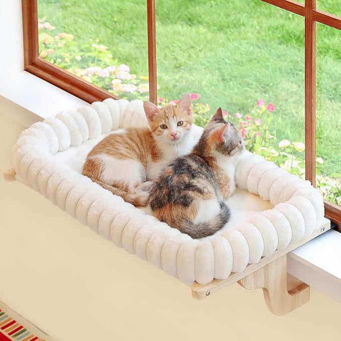 Zakkart SnugCloud Cat Window Perch with 4-Sided Bolster - Large Cat Hammock for Window Sill - Solid Hardwood & Metal Frame - Window Seat for Pets (Natural Color Wood w/White Bed, Large) by Zakkart