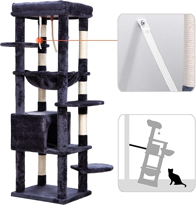 Heybly Cat Tree for Large Cats, 20lbs Heavy Duty, 60 inches HCT050G | Cat Tower for Indoor Cats with Big Padded Plush Perch, Multi-Level Furniture Condo with Cozy Basket, Smoky Gray - Image 4