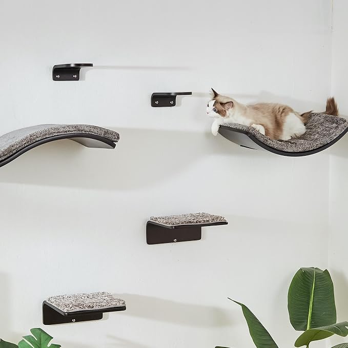 Cat Shelf with Comfortable Cushion - Curved Modern Cat Bed (Large Size) - Lotus Leaf Design Cats Wall Perch - Wall Mounted Cats Furniture for Sleeping, Playing, Climbing, and Lounging, Walnut - Image 5