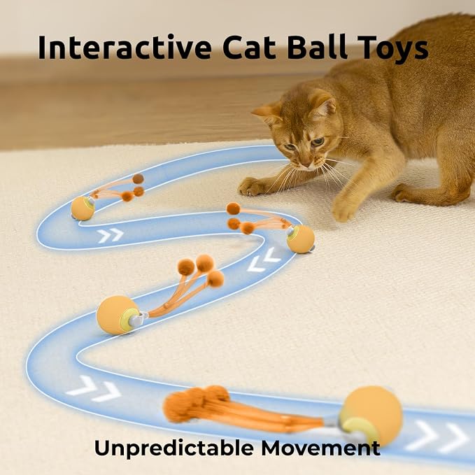 Cat Toys for Indoor Cats, Interactive Cat Toy Ball with Pom-Pom Tails, Automatic Cat Toy Self Play Exercise Toy to Relieve Boredom for Kitten & Adult Cats (Orange) - Image 2