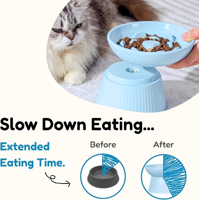 Unbreakable Raised Slow Feeder Bowl for Cats and Small Dogs, Elevated Cat Bowls, Detachable Slow Feede Bowl, Heavy Weighted, Non-Slip Feeder, Whisker Friendly (Blue, Round - 6.2w'' x 1.5h'' inch) - Image 2