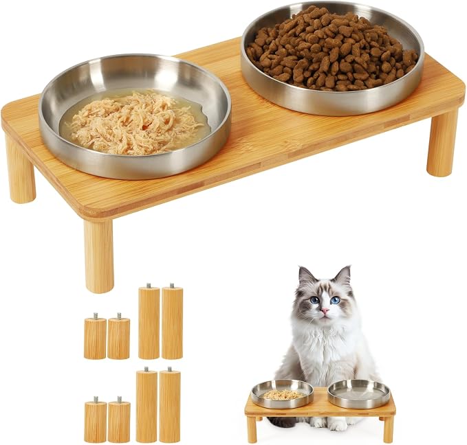 DoogCat Raised Cat Bowls, Bamboo Stand with 2 Stainless Steel Bowls | Adjustable Height, Whisker-Friendly Design, Food & Water Set, Stable Construction, Easy to Clean - Image 9