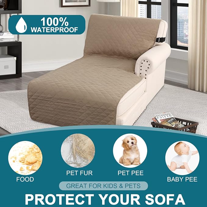 Turquoize 100% Waterproof Sofa Covers Chaise Lounge L Shape Sofa Protector Slip Cover Triple Non-Slip Sofa Slipcover for Sectional Couch Cover for Pets, Kids (Chaise, Khaki) - Image 2