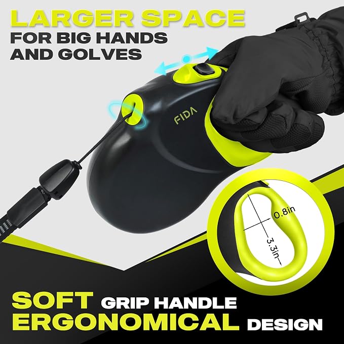 Fida Upgraded Retractable Dog Leash, 30ft, Heavy Duty, Neon Yellow | Long Walking Leash for Medium/Large Dogs up to 110 lbs, 360° Tangle-Free, Soft Grip, One-Hand Brake - Image 5