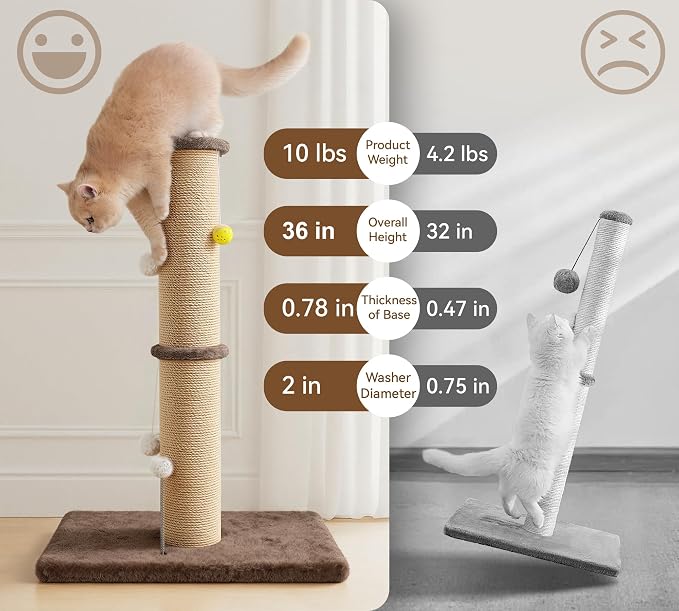 5-Inch Sisal Cat Scratching Post, 36" Tall Scratch Tower, Brown | 6.5" Top Perch, 20.8×15.9" Stable Base, Durable Scratcher, For Indoor Cats - Image 3