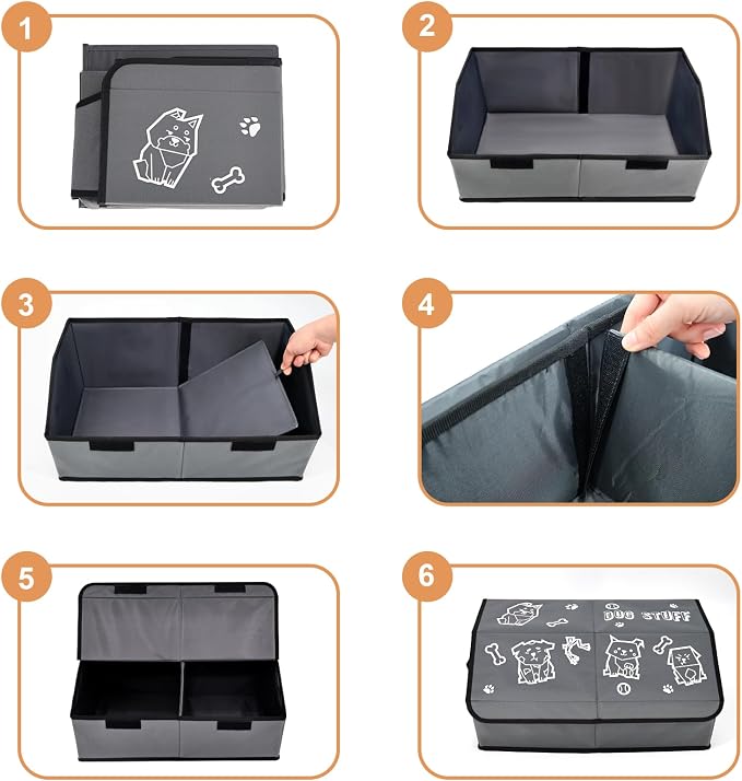 Dog Toy Box with Lid and Removable Divider, 19" Collapsible Toy basket and Handle，600D Fabric Cute Puppy Organizer for Pet Toys and Accessories - Grey - 1pcs - Image 9