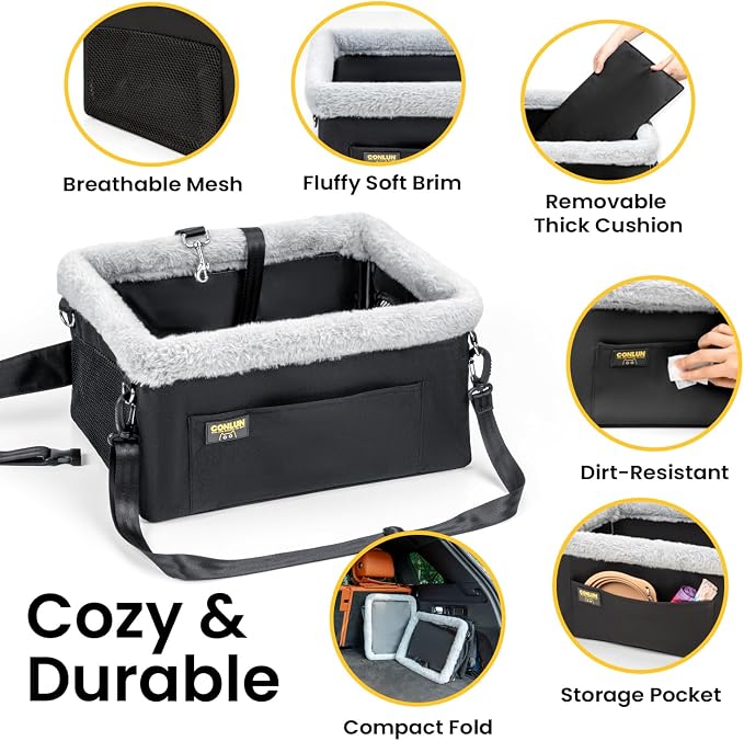 Conlun Dog Car Seat Booster | Steel Frame Anti-Collapse | Small Pet | Black | Heavy-duty Oxford | Rigid Skeleton Stops Wobbling | Leash Prevents Escapes | Elevated Pet Booster for Calm Car Trips - Image 5