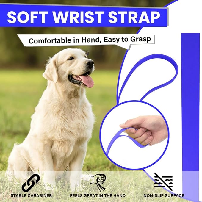 Waterproof Long Line Dog Leash, Padded Handle, 30 ft, Blue | Soft PVC-coated webbing with 360° swivel carabiner for swimming, tracking and rainy walks - Image 2