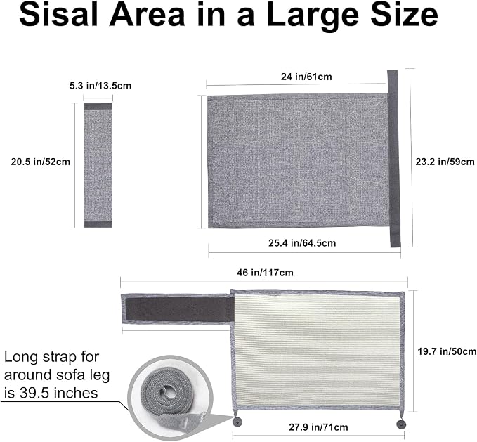 Upgraded Cat Scratch Furniture Protector,Cat Scratch Sofa Arm Sheild with Large Size Natural Sisal for Protecting Couch Sofa Chair Furniture 27.6''L*19.6''W (Light Grey/Left Handed) - Image 2