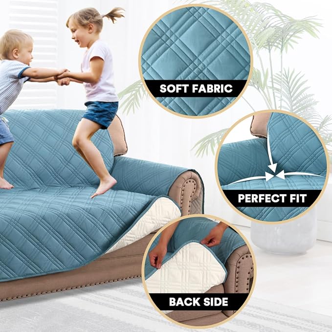PrinceDeco 100% Waterproof Couch Cover for 3 Cushion Couch Sofa Pet Friendly Non-Slip Couch Cover for Dogs Washable Water Resistant Furniture Protector with Elastic Straps(Sofa 68", Smoke Blue) - Image 3