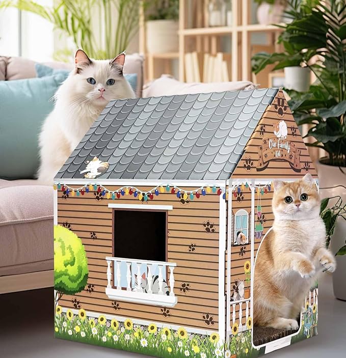 Cardboard Cat House with Scratch Pad Large Cats Scratching Playhouse Scratcher House for Indoor Cats Cardboard Cat Play Box - Image 7