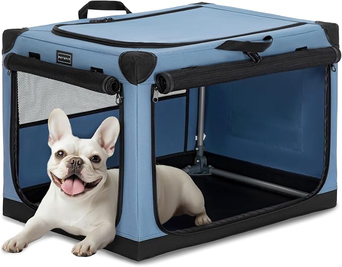 PETSFIT 26" Soft Portable Dog Crate – Patented Spiral Sturdy Frame, Collapsible Travel Kennel for Small Dogs, 3 Mesh Door, Lockable Zippers, Indoor & Car Use Blue by Petsfit