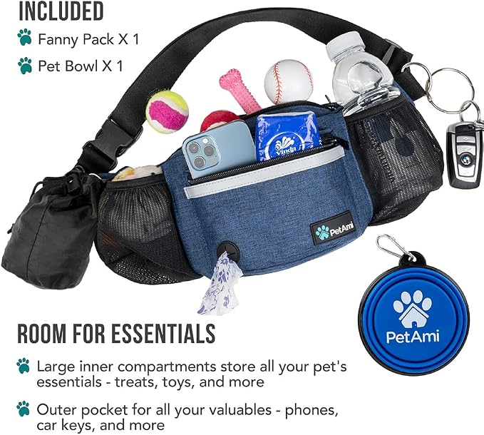 PetAmi Dog Fanny Pack, Treat Pouch for Dog Walking Training, Navy Blue | Built in Poop Bag Dispenser, Water Bottle Holder, Collapsible Bowl, Pet Treat Waist Belt for Hiking Running Kibbles - Image 2