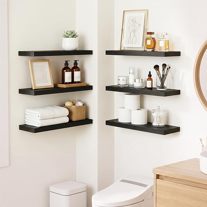 Fixwal Floating Wall Shelves for Decor (Black, Set of 6, 15.7 Inch) | MDF Shelves with Metal Brackets, Space Saving for Books, Decor, Works in Bathroom, Kitchen, Living Room, Bedroom - Image 2