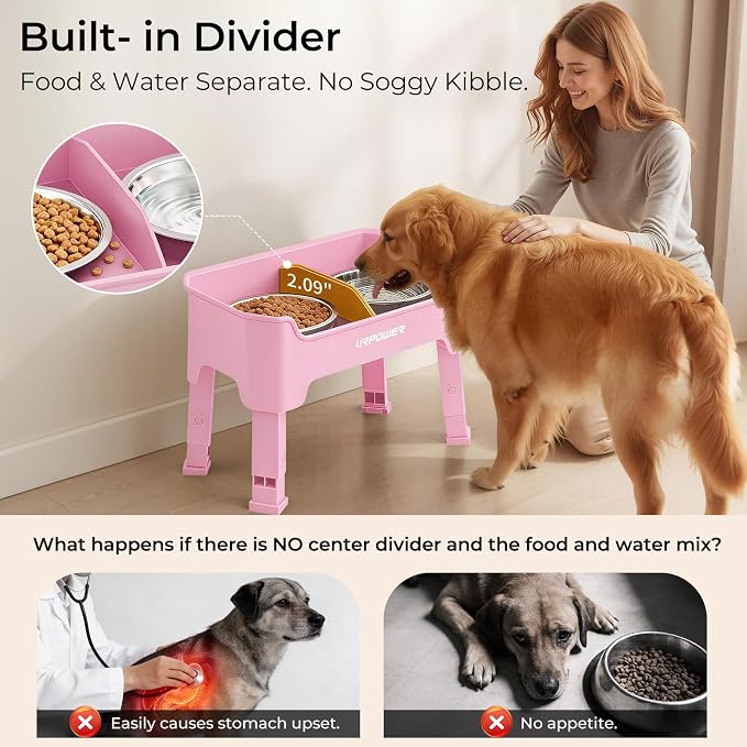 URPOWER Mess Proof Elevated Dog Bowls, Splash Guard Raised Bowl Stand | 4 Adjustable Heights, 2 Stainless Steel Bowls, Food & Water Separation, Foldable Design Non-Slip for Small Medium Large Dogs - Image 4
