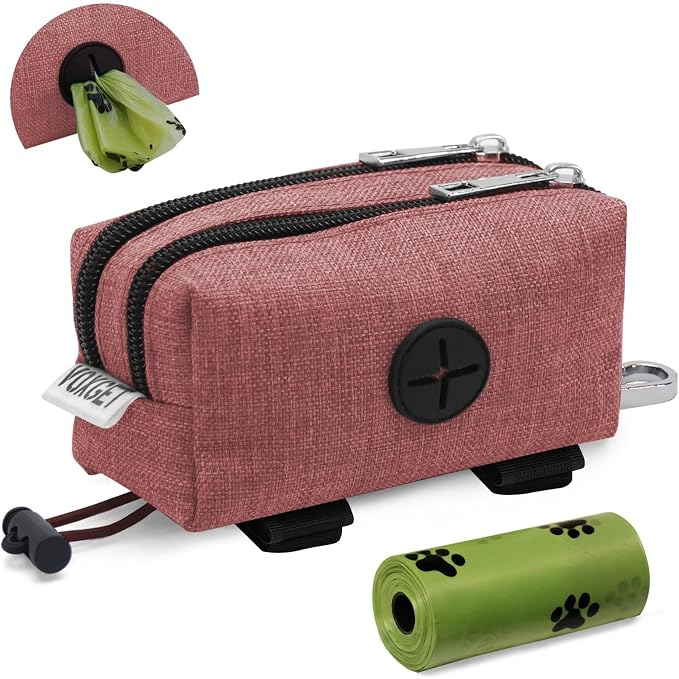 Dog Poop Bag Holder with Treat Pouch, 2 Zipper Pockets & Leash Clip | Waste Bag Dispenser with 1 Roll Poop Bags, Quick Access Treat Storage, Hands-Free Design for Dog Walking, Training & Travel by VOXGET