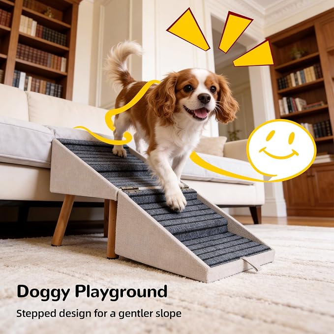 Dog Stairs for Small Dogs, 2-in-1 Foldable Pet Ramp and Ottoman, 17.13" H | Non-slip carpeted steps, solid wood support, gentle incline for couches, and a foldable ottoman design for compact storage. - Image 7