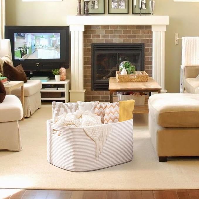 OIAHOMY XXLarge Rectangle Blanket Basket-96L, Cotton Woven Basket for Storage, Dirty Clothes Basket for Living Room, Nursery, Bedroom, Toy Organizing with Handle, 24" x 16" x 15", White - Image 2