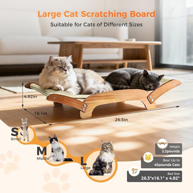 Extra-Larger 3-in-1 Sisal Cat Scratcher Bed, 26 Inch Scratch Pad for Large Cats, Natural Sisal with Sturdy Solid Wood Frame, Durable Cat Scratching Post for Cats Lounger & Sleep & Scratch - Image 2