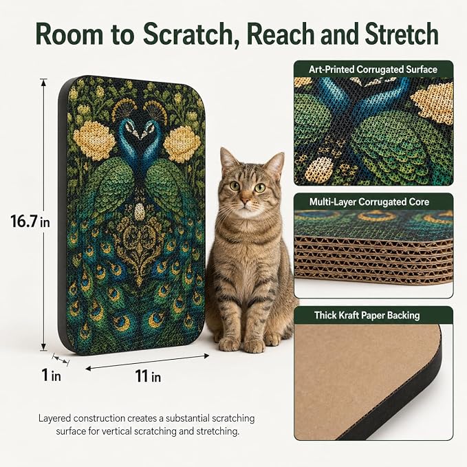 Cat Wall Scratcher, Art Cat Scratching Board for Indoor Cats | Wall Mounted Cat Scratch Pad, Water-Based Ink, Hook&Loop Strips, Floor or Wall Use, 16.7x11x1 Inch, Peacock 1 - Image 2