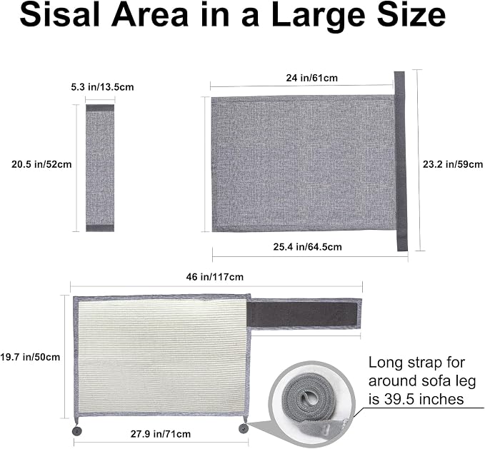 Upgraded Cat Scratch Furniture Protector,Cat Scratch Sofa Arm Sheild with Large Size Natural Sisal for Protecting Couch Sofa Chair Furniture 27.6''L*19.6''W (Light Grey/Right Handed) - Image 2