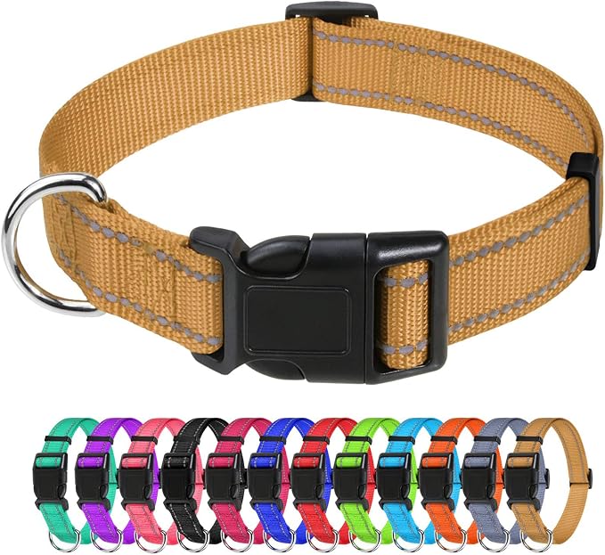 TagME Large Dog Collar, Reflective Nylon Collar, Khaki, 1.25" Width | Soft Nylon Dog Collar With Reflective Stitching for Night Walks, Adjustable Fit, Quick-Release Buckle for Easy On & Off by TagME