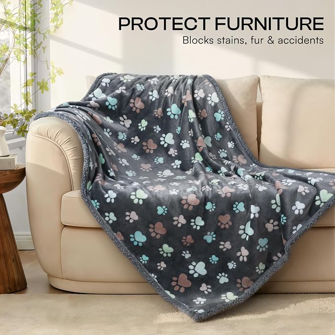 Luciphia Waterproof Dog Blanket Reversible Sherpa Fleece for Small Dogs Cat | Soft Print Pet Blanket Washable Pee Proof, Furniture Protector for Couch Sofa Bed Car, Cozy Throw(57" x 40", Grey Paw) - Image 4